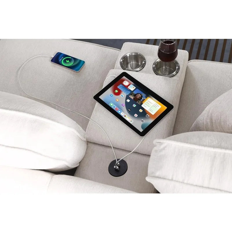 127" L-Shaped Sectional Couch with Movable Ottoman & 6 Throw Pillows ,W/2 Cup Holders ,Beige