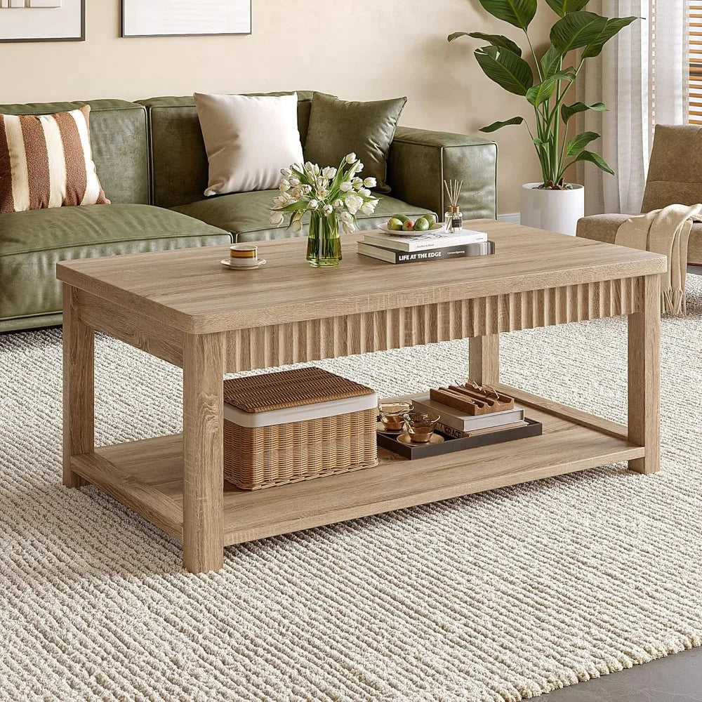 Coffee Table, 39 Inch Modern Coffee Table for Living Room with 2-Tier Storage & Wave-Edge, Oak Center Table for Bedroom/Office