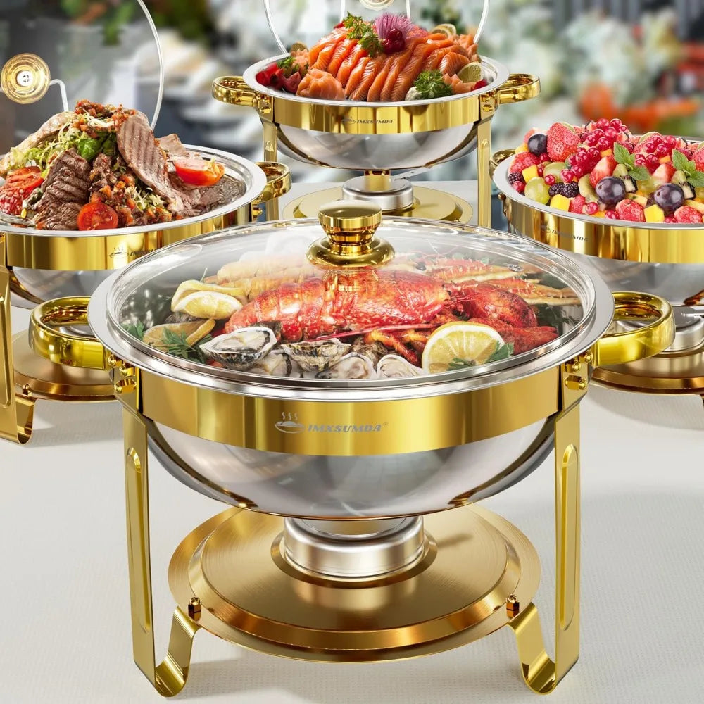 4-Pack Gold Round Chafing Dish Set, 5QT Buffet Warmers with Glass Lid for Parties, Weddings, Catering
