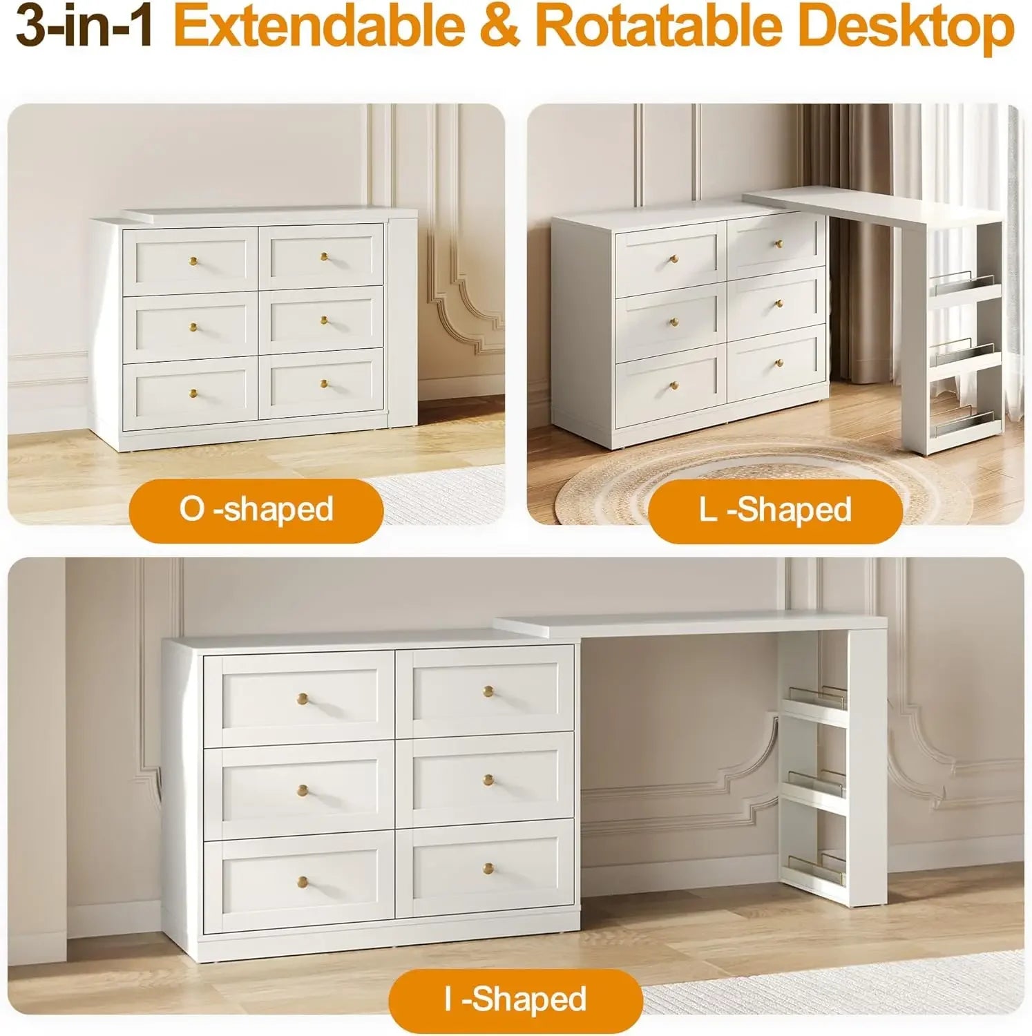 Vanity Desk and Dresser Combo, 76" L Extendable Big Makeup Vainty with 6 Drawer Dresser and 3 Side Shelves, White