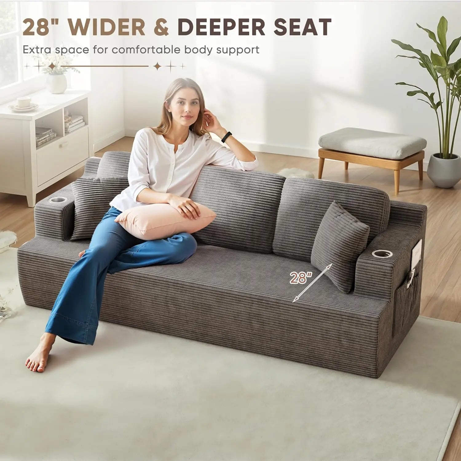 87” Boneless Sofa Couch with 2 Pillows Extra Deep Seats, Corduroy Fabric 3 Seater Sofa for Living Room with Cup Holder