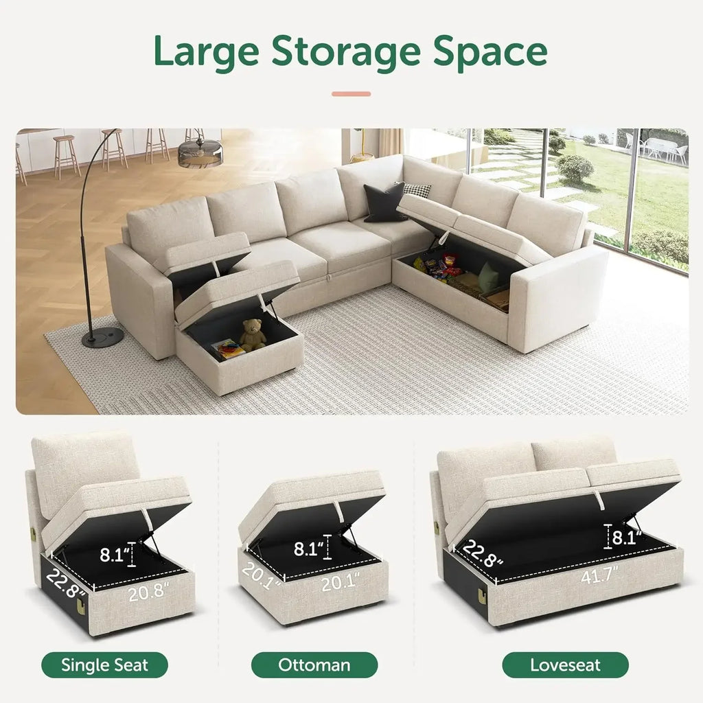 Modular Sectional Sleeper Sofa with Pull Out Bed, U Shaped Sectional Couch with Storage Ottoman, Convertible 7-Seater Sofa,