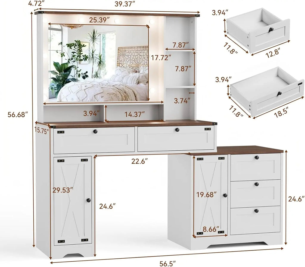Expansive Makeup Vanity Table with Tri-Color Lighting and Ample Storage Featuring 5 Generous Drawers