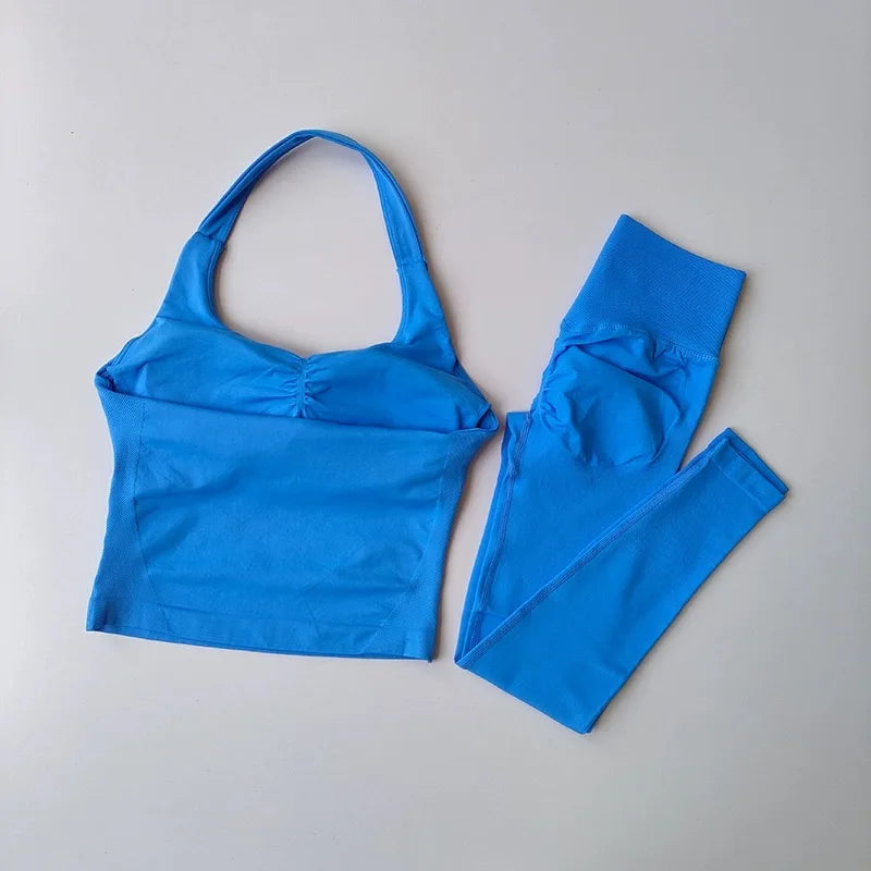 Yoga Pants High-Waisted Tummy-Control Hip-Lifting Sports Suit/ Women's Push-Up Shockproof Halter Neck Back-Slimming Fitness Set