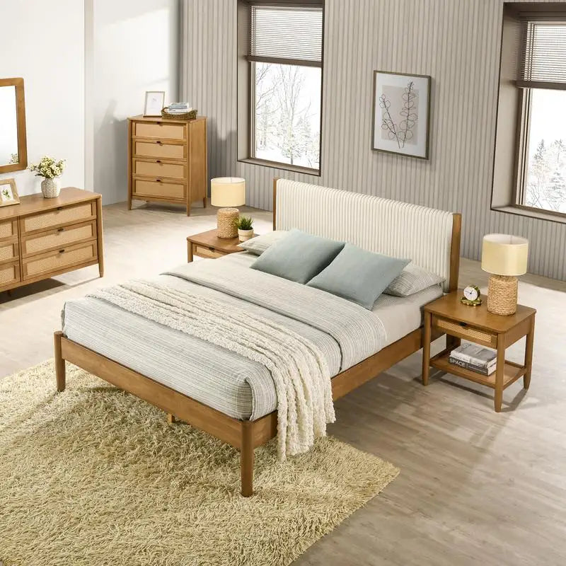 6-Piece Rubberwood Bedroom Set with Upholstered Queen Bed, Dresser, Mirror, 2 Nightstands, and Chest