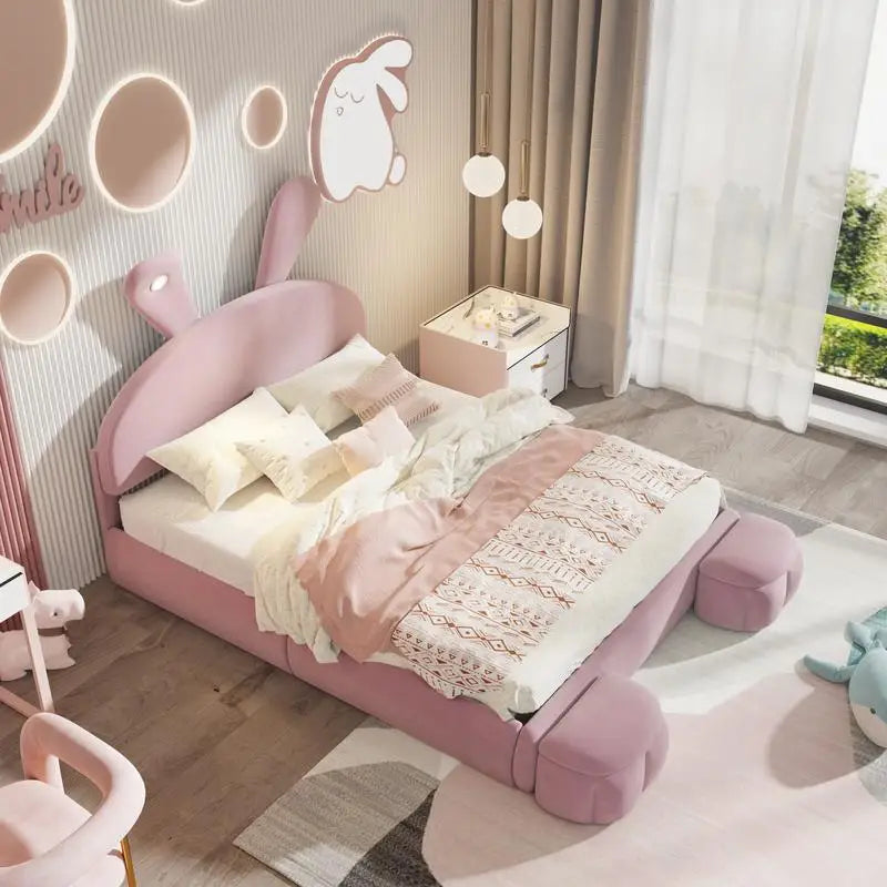 Full Size Upholstered Platform Bed with Cartoon Ear Headboard and Light, Pink Color