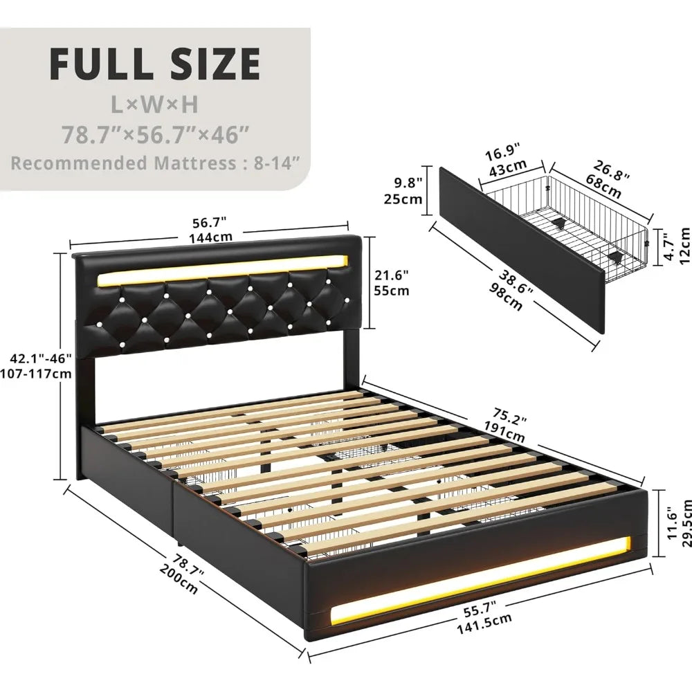 Full Size Bed Frame with LED Light, PU Leather Platform Bed Frame with 4 Drawers, Adjustable Tufted Headboard