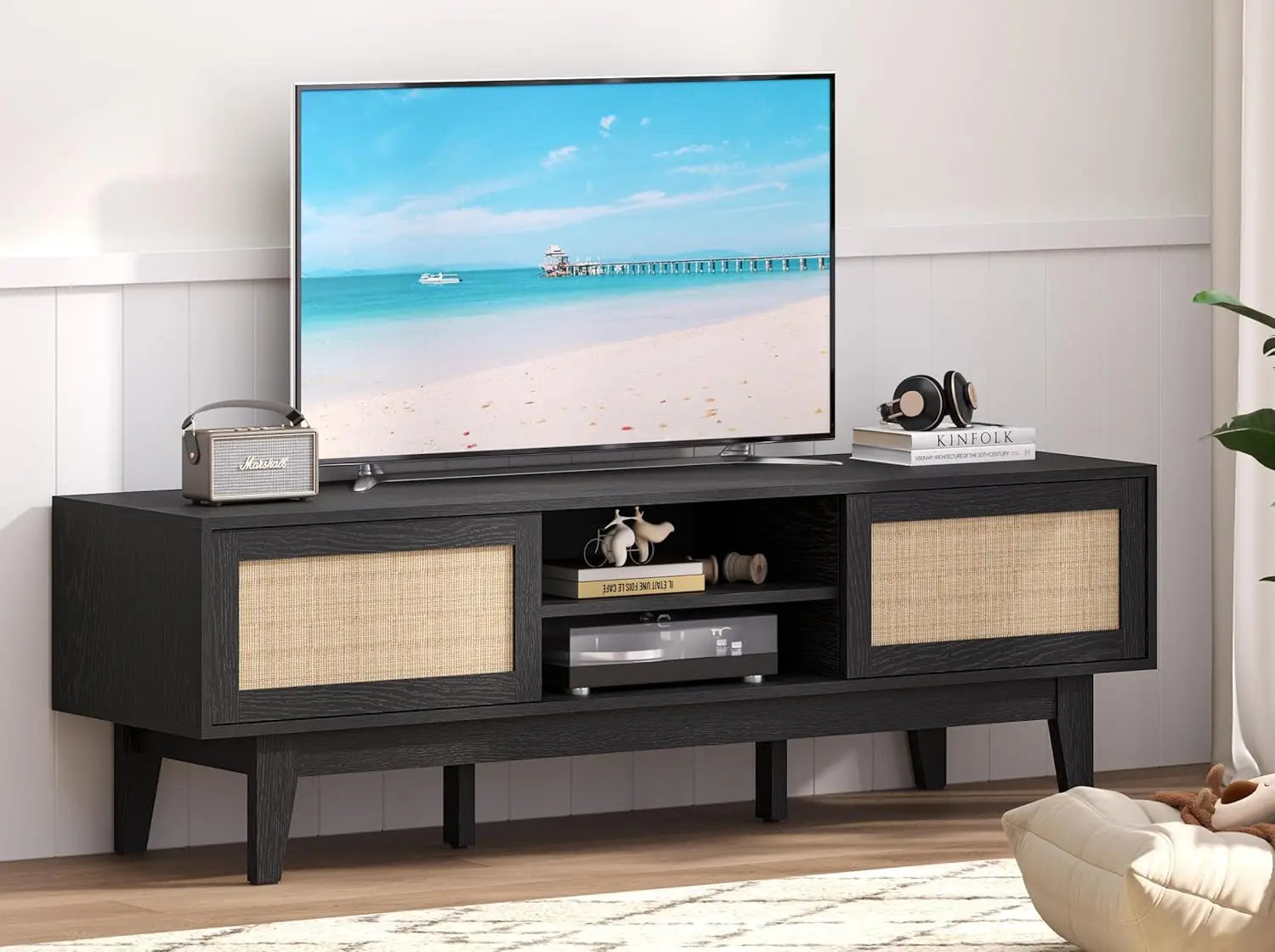 Boho TV Stand for 55/ 65" Inch TV, Rattan Entertainment Center with Shelves, Cabinets and Sliding Doors, TV Media Console Table