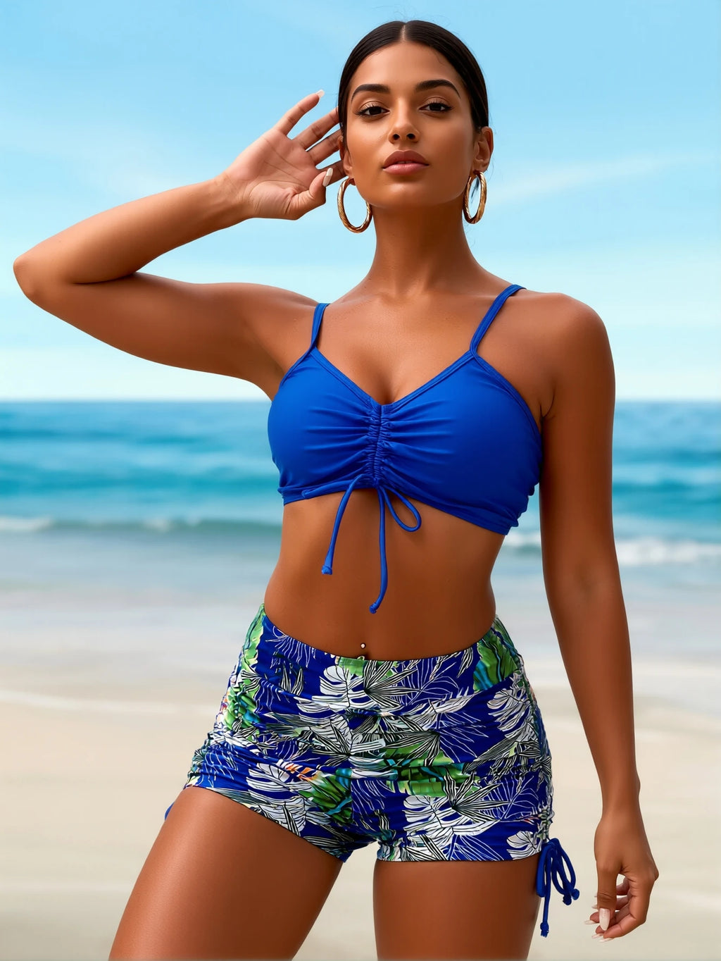 Women 2 Piece Solid Blue Ruched Drawstring Bikini Top with Tropical Print High Waisted Swim Shorts Tummy Control Bathing Suit