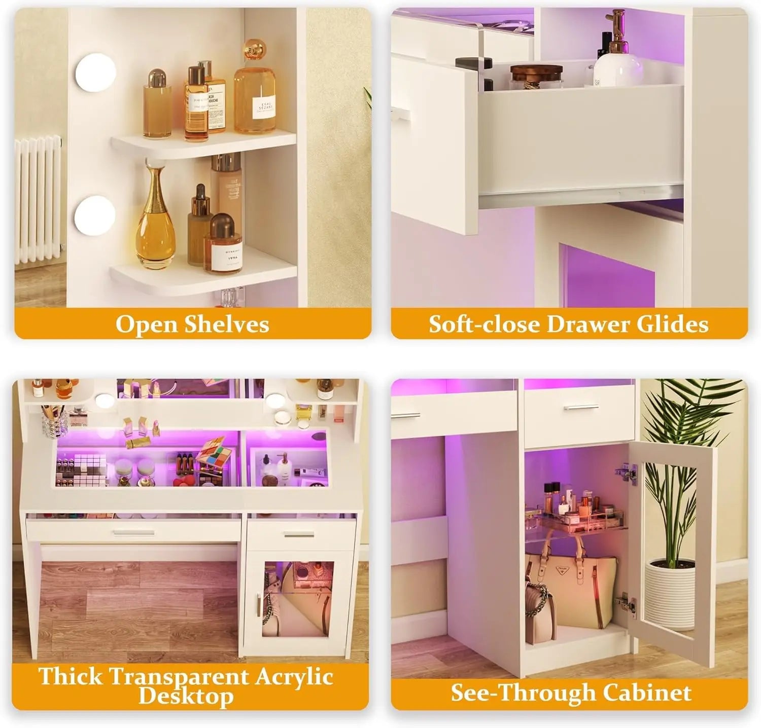 Vanity Desk with Mirror and Lights, Makeup Vanity Desk with Lights 3 Colors, Transparent Top Vanity with 2 RGB Drawers, 6 Shelve