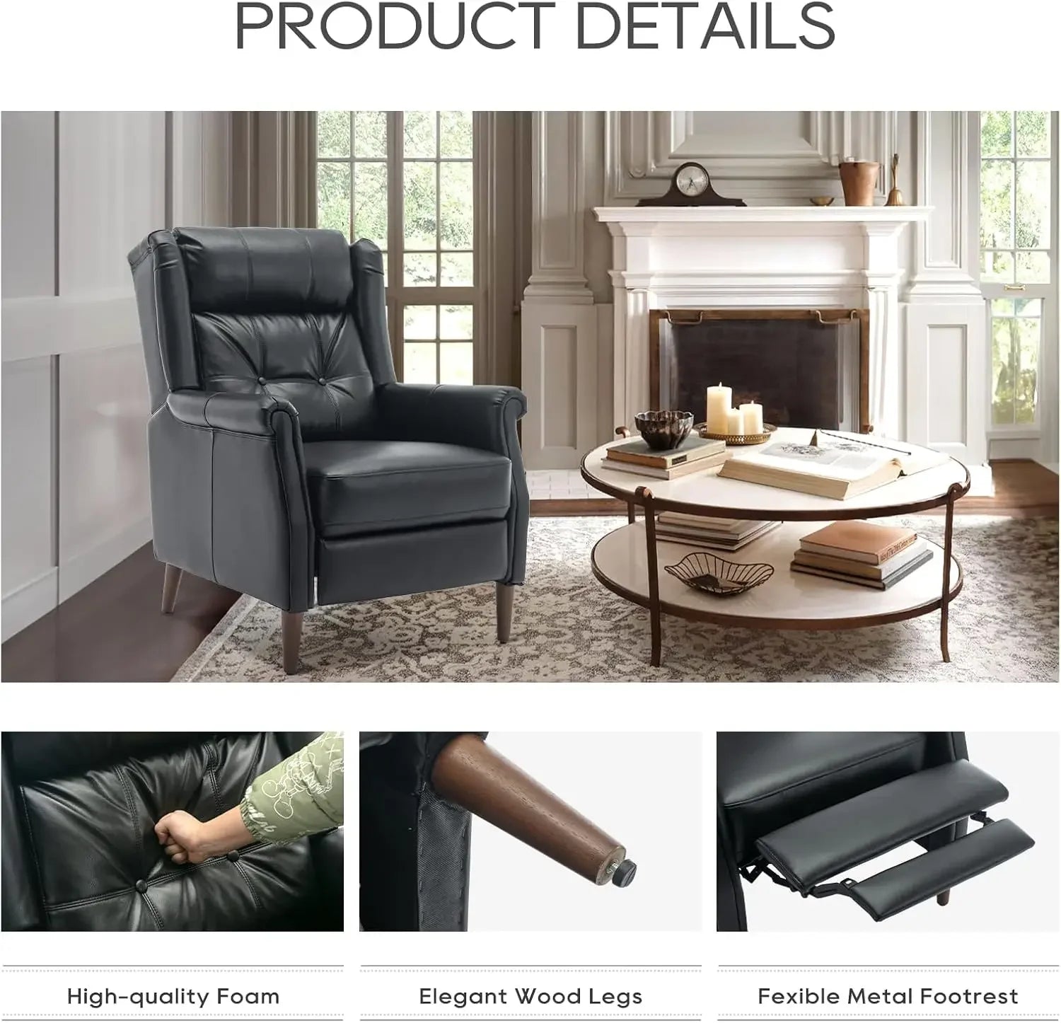 Wingback Pushback Recliner Chair, Modern Upholstered Leather Living Room Chair Armchair with Button Tufted Back, Black