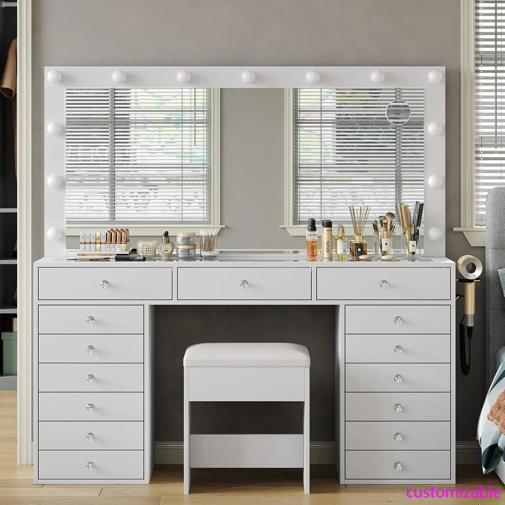 55" W Vanity Desk, Makeup Vanity with Charging Station, 15 Drawers with Lighted Mirror, 3 Lighting Modes, Brightness