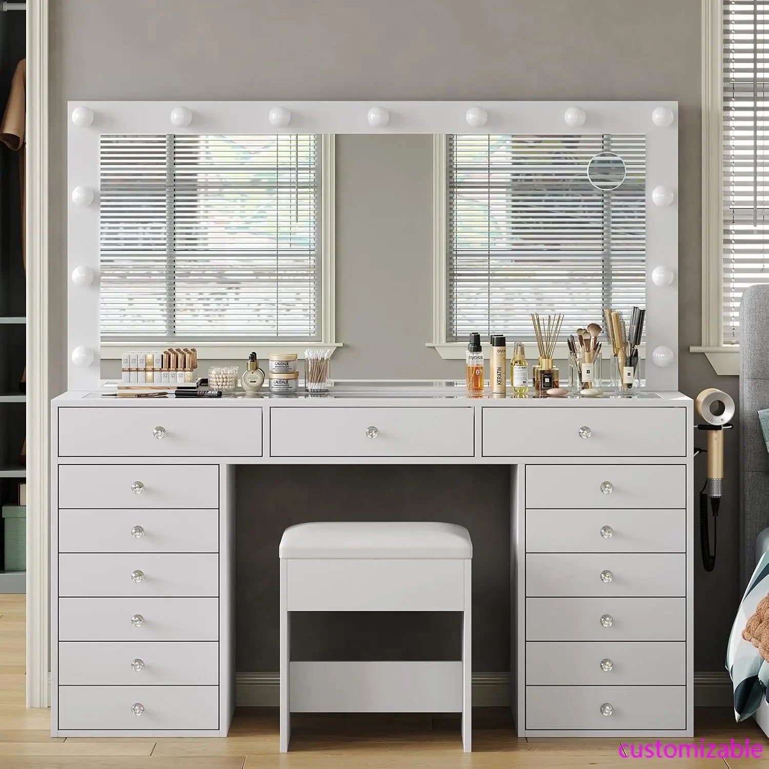 55" W Vanity Desk, Makeup Vanity with Charging Station, 15 Drawers with Lighted Mirror, 3 Lighting Modes, Brightness