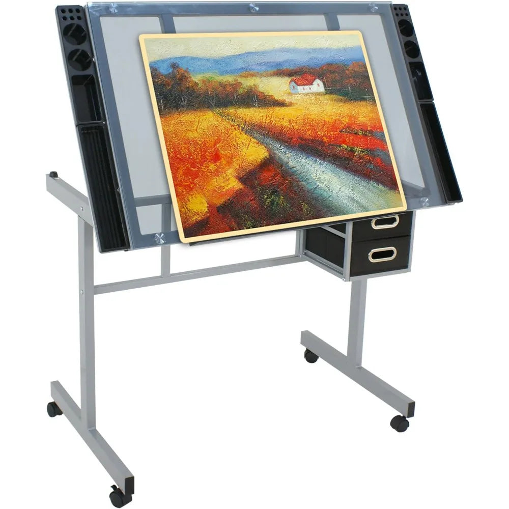 Adjustable Drafting Table, Art/ Desk Drawing Table Versatile Art Craft Work Station Glass Tabletop w/2 Slide Drawers and Wheels