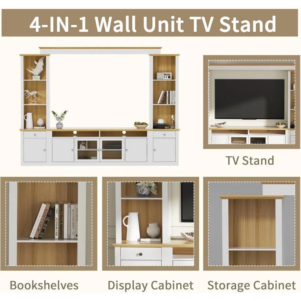Large Farmhouse TV Stand with Cabinets for TVs Up to 78" Wall Unit Entertainment Center with Open Bookshelves and 2 Drawers 4-in