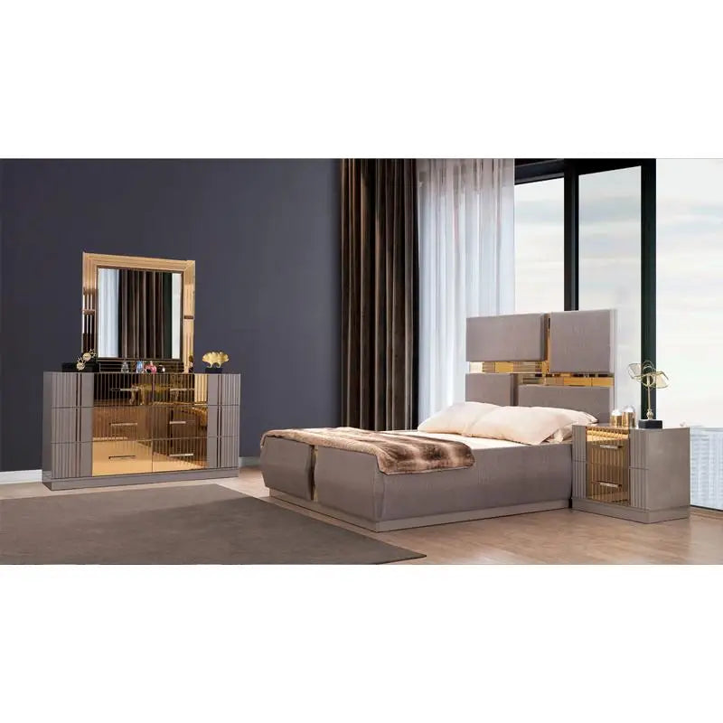 4-Piece Queen Bedroom Set in Gray, Wood Construction with Gold Accents
