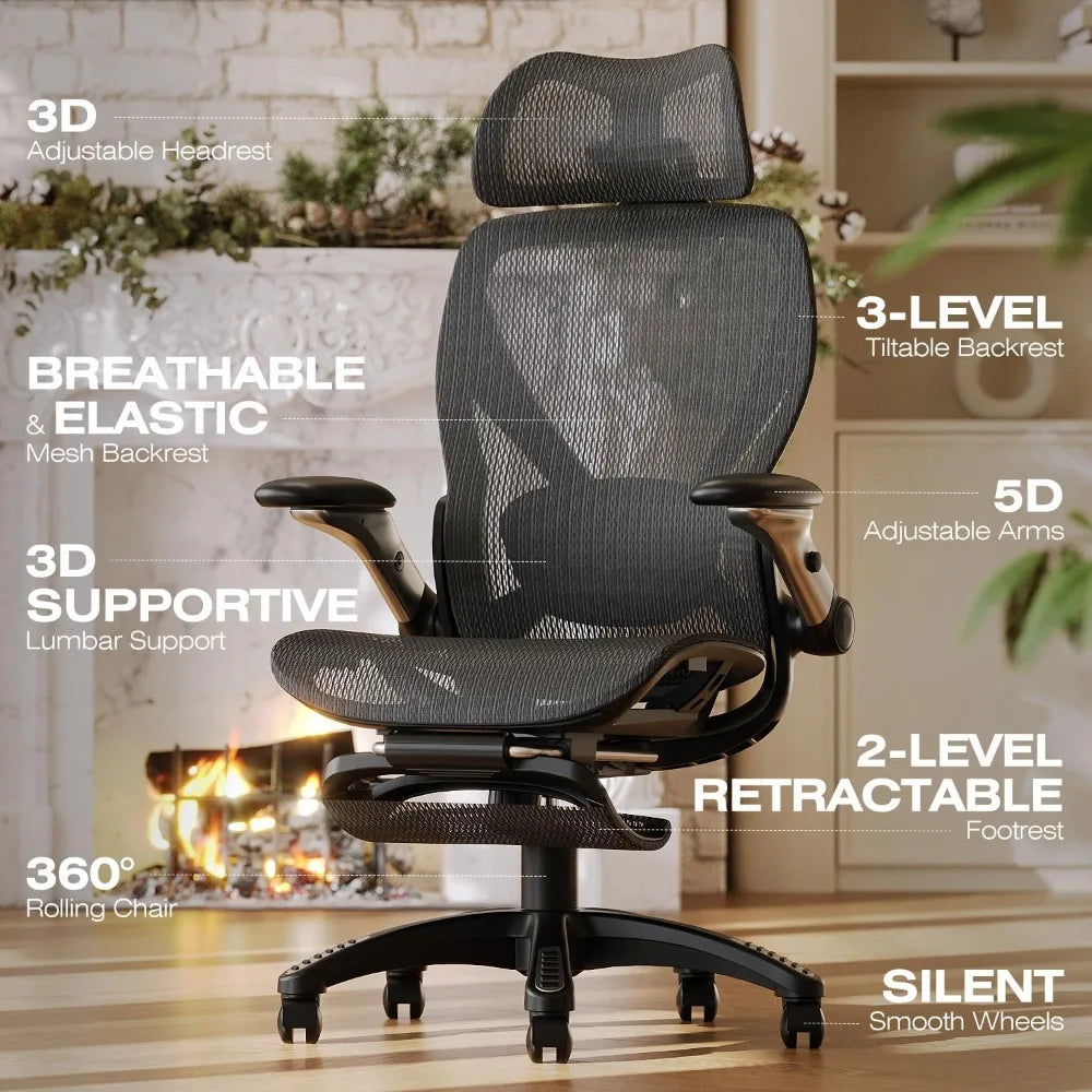 Ergonomic Office Chair: Spacious Desk Chair with Footrest, Adjustable 5D Arms and 3D Lumbar Support for Big and Tal