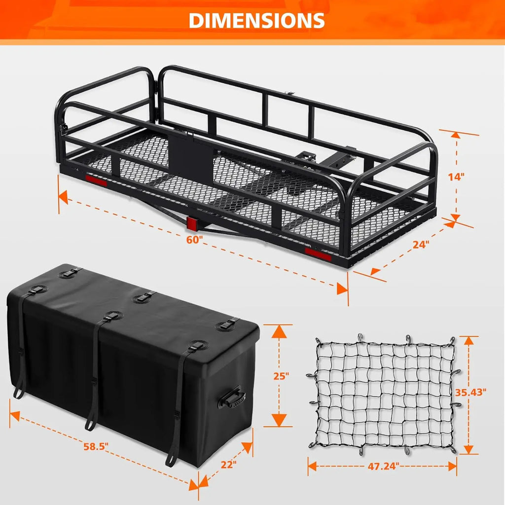 Hitch Cargo Carrier with 500 LBS Capacity, 60 x 24 x 14 Basket, Fits 2 Receivers, Includes Waterproof Bag and Cargo Net