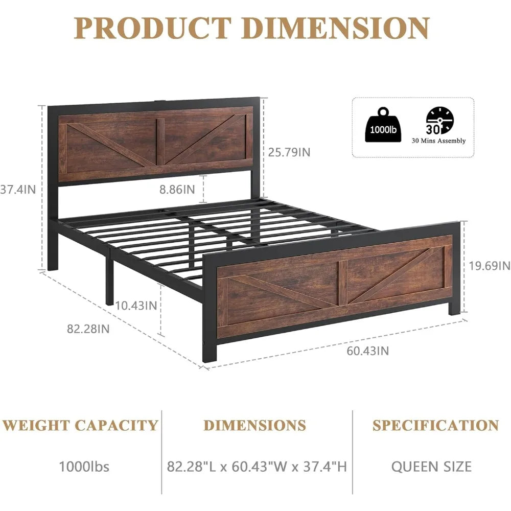 Led Bed Frame Queen Size with Charging Station, with Rustic Barn Door Wood Headboard