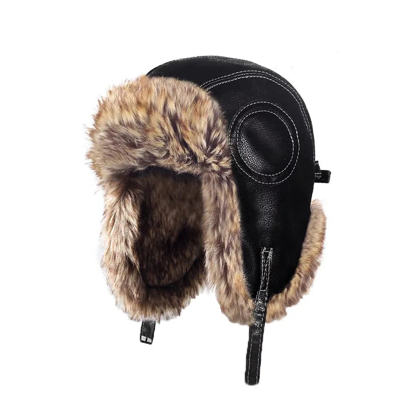 Unisex Aviator Hat Faux Leather Pilot Cap Winter Trapper Hunting Hat/ Windproof Russian Ushanka Thermal Thick Padded Winter Hat