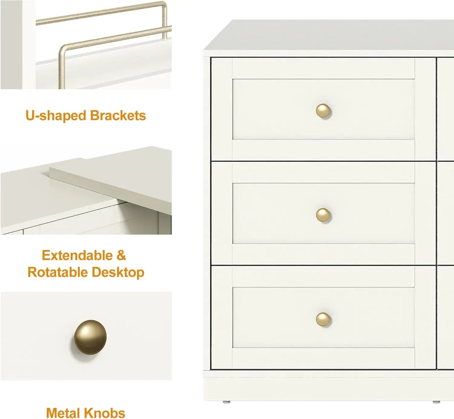 Vanity Desk and Dresser Combo, 76" L Extendable Big Makeup Vainty with 6 Drawer Dresser and 3 Side Shelves, White