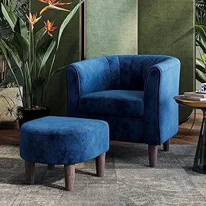 Accent Chair Ottoman Set: Chenille Barrel Chair with Foot Rest, Mid-Century Modern Small Reading Chair/ Upholstered Armchair