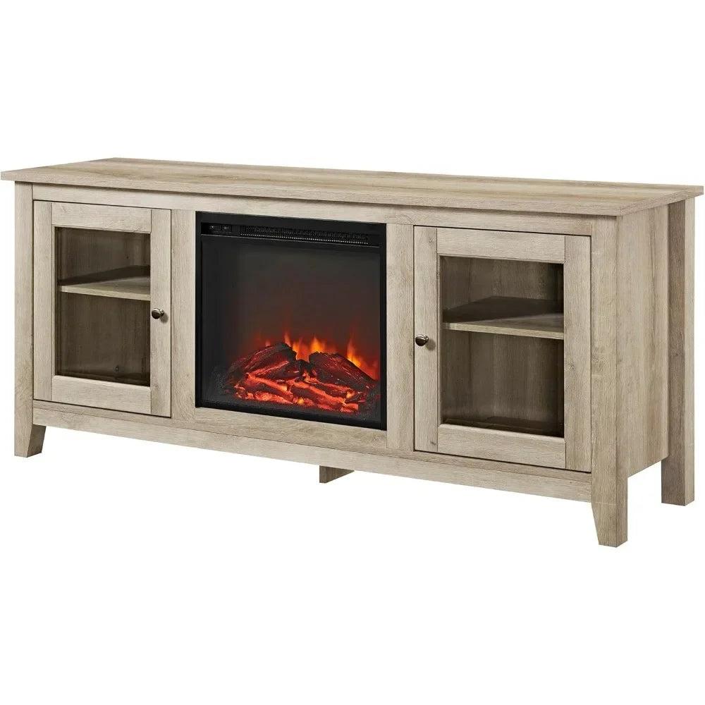 Rustic Wood And Glass Fireplace TV Stand For TV's Up To 64" Flat Screen Living Room Storage Cabinet Doors