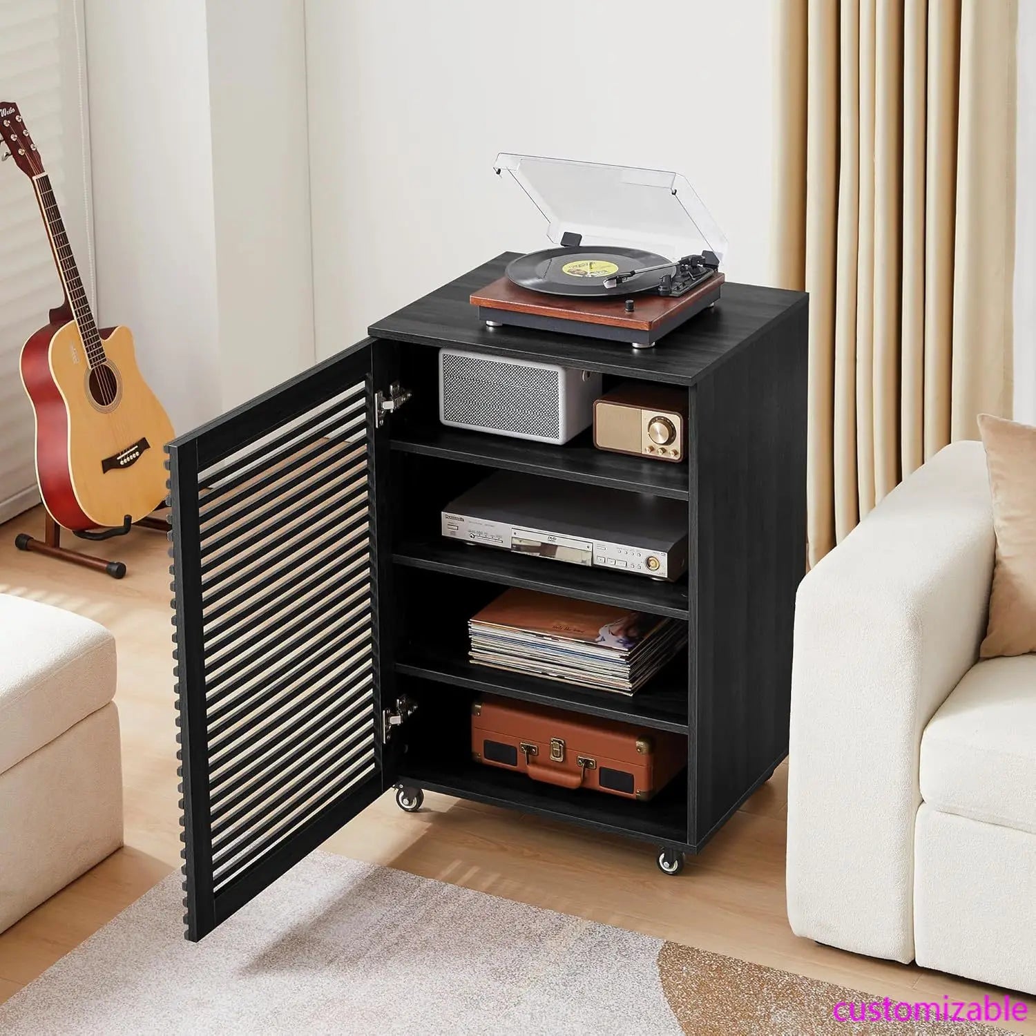 Tier AV Media Cabinet & Adjustable Shelves, Modern Wooden Stereo Rack , Audio Video Stand (Black)