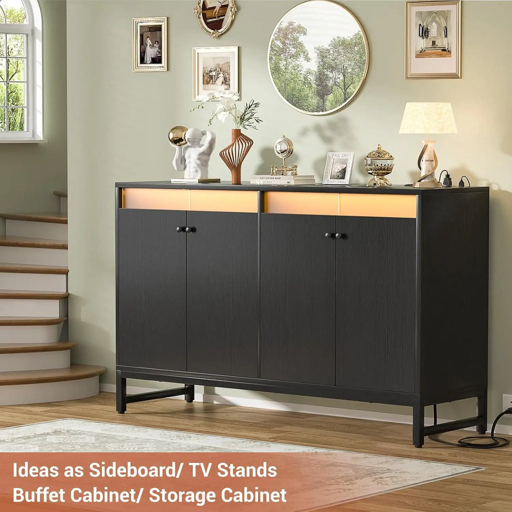 Sideboard Buffet Cabinet with Power Outlet, Kitchen Storage Cabinet with LED Light & Doors