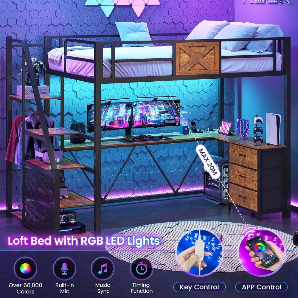 Twin Loft Bed with L-Shaped Desk, Wardrobe & Storage Stairs, LED Lights & Charging Station, Rustic Brown