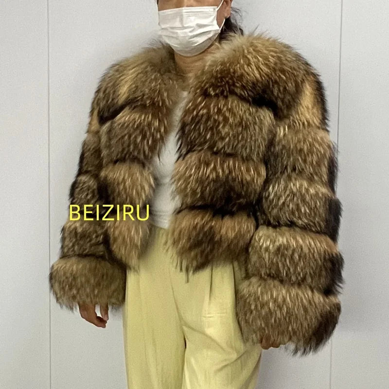 BEIZIRU Women's Real Raccoon Fur Coat Winter Long Sleeve Hooded Jacket with Turndown Collar/ Natural Luxury /Thick Top