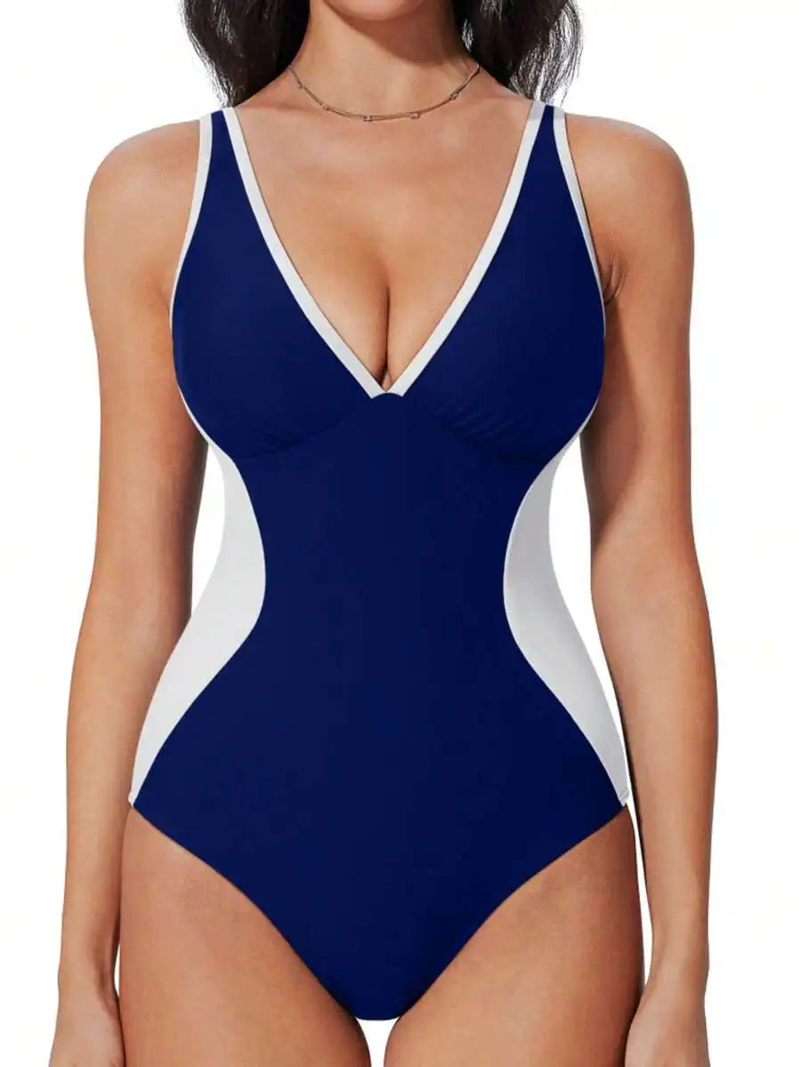 Women Colorblock V-Neck One-Piece Swimsuit Slimming Tummy Control Bathing Suit