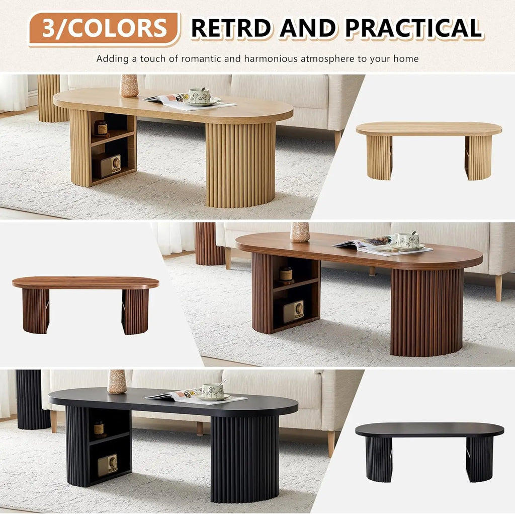 AVZEAR Oval Fluted Coffee Table for Living Room, Mid Century Modern Coffee Table with Storage, Curved Round Wooden Center Table