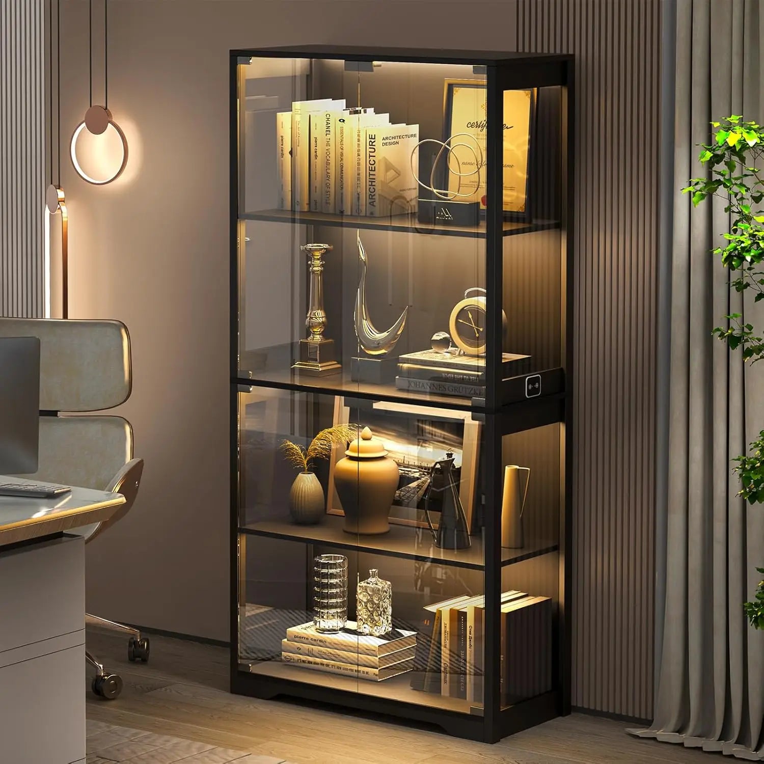 Display Cabinet with Glass Doors, 4-Tier Curio Cabinet with 3 Color Lights for Collectibles, Glass Case, Storage Cabinet, Black