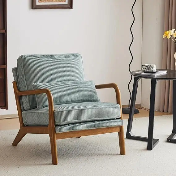 Karl home Mid-Century Modern Accent Chair, Living Room Chairs with Pillow Corduroy Upholstered Lounge Armchair with Solid Wood