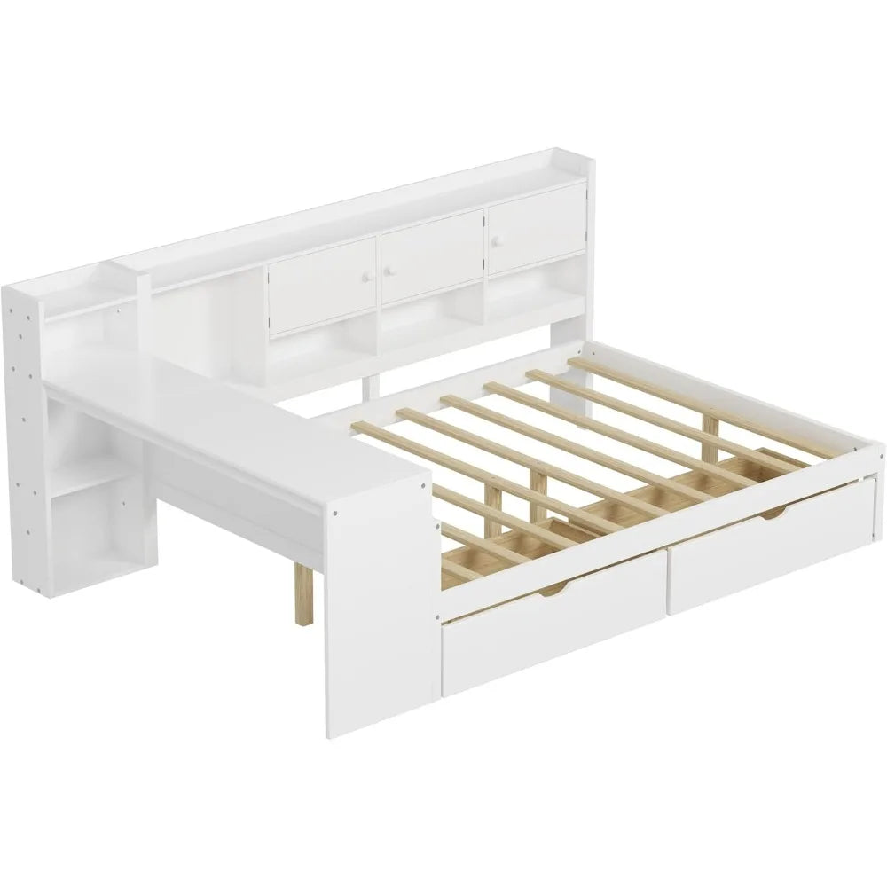 L-Shaped Wooden Daybed with Storage, Desk, and Bookshelf for Full-Size Beds