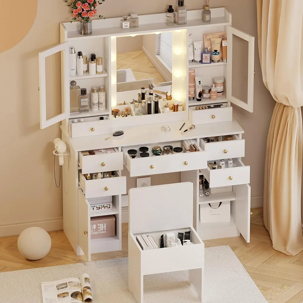 Illuminated Makeup Vanity Desk with White Mirror, Chair, and Charging Station