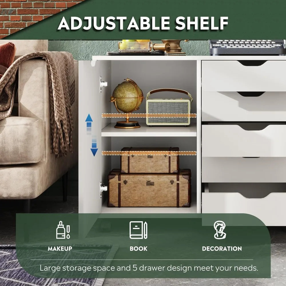 5-Drawer Wood Dresser Chest with Door, Mobile Storage Cabinet, Printer Stand for Home Office