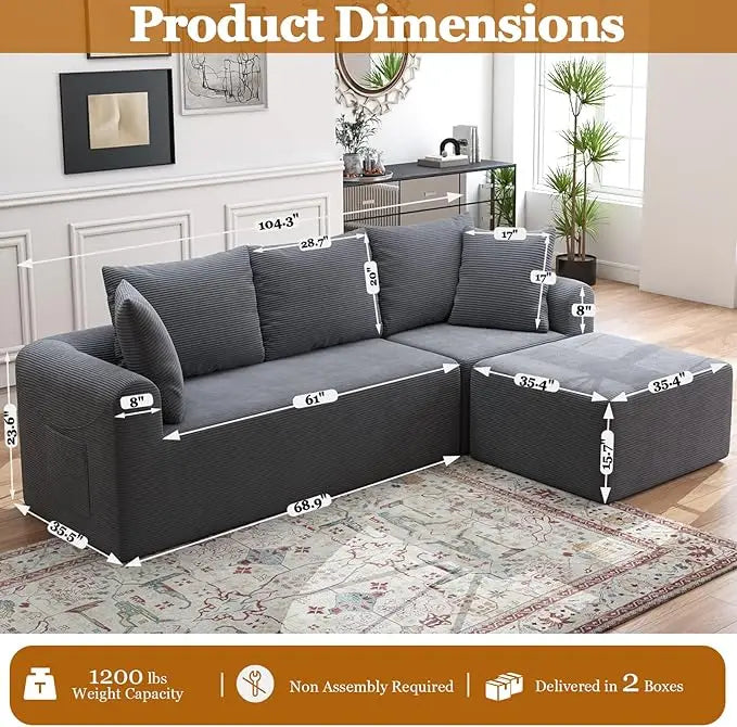 04" Cloud Sectional Couch Luxury – L-Shape Chaise, Modern Modular Deep-Seat Upholstered Sofa for Living Room Bedroom,No Assembly