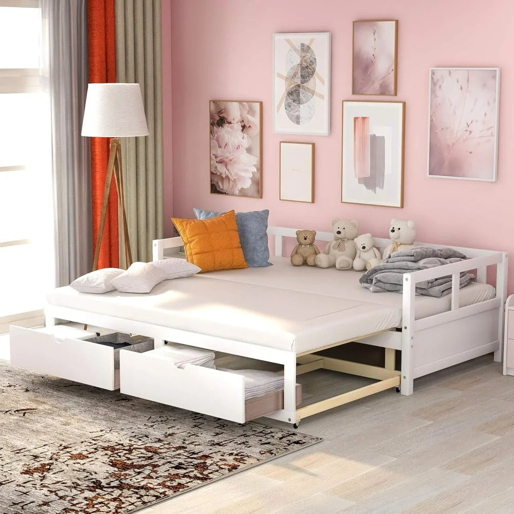 Expandable Solid Wood Daybed with Trundle and Storage Drawers, Convertible Twin to King Size Bed, Easy Assembly for Bedroom
