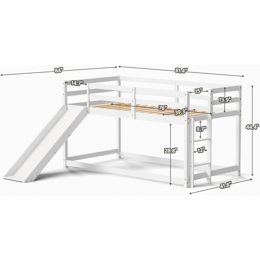 Low Bunk Bed with Slide, Floor Loft Bed with Climbing Ladder, Wood Twin Bunk Bed Frame with Full Guardrails & Storage Space