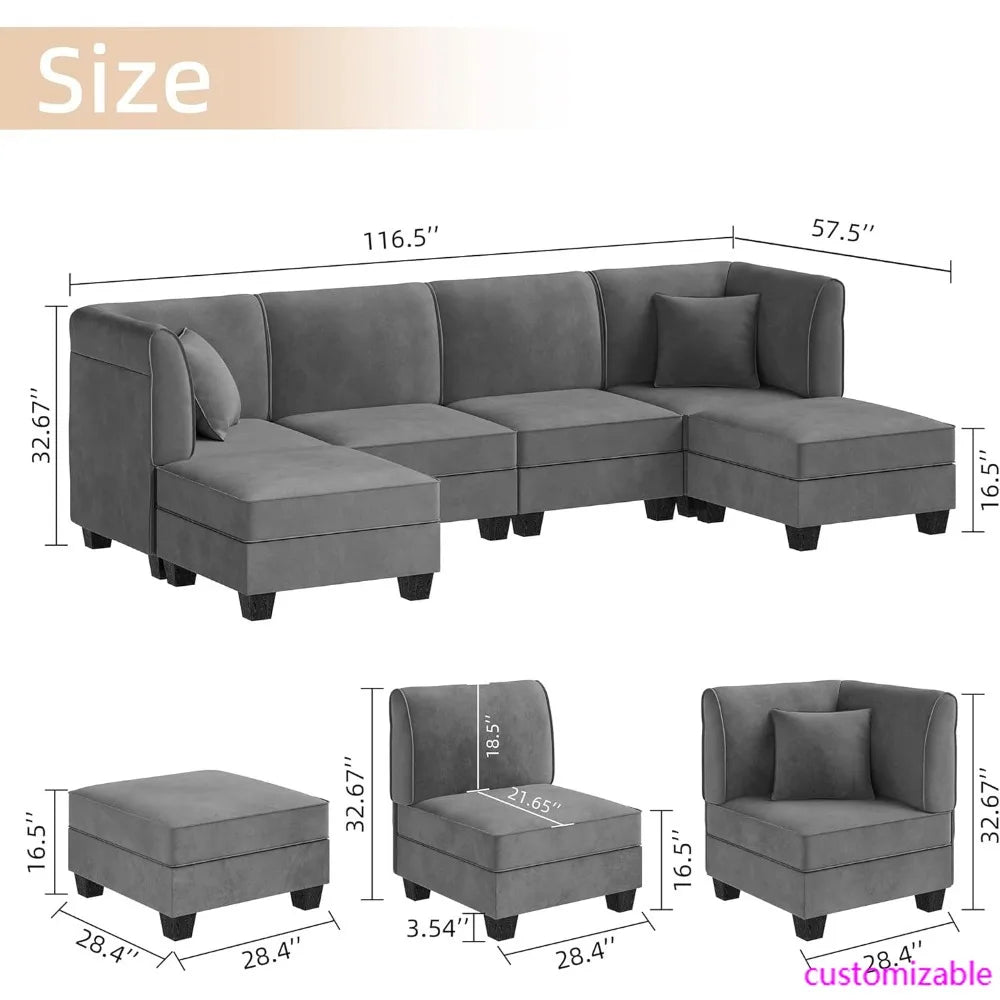 Large 6-Seat Velvet U-Shaped Sectional Sofa with Reversible Chaise, 116" for Living Room