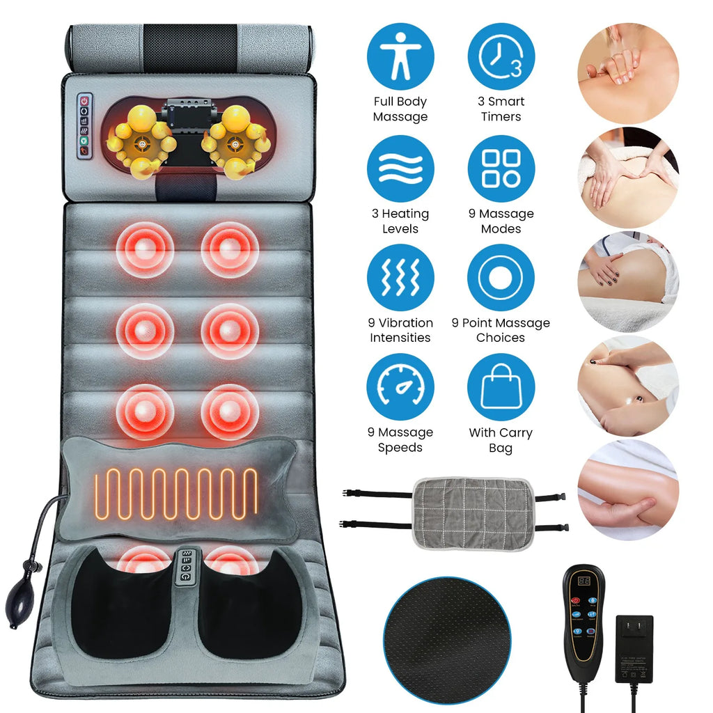 Electric Massage Mattress/ Vibrating Heating Infrared Massager Cushion For Neck, Back, Foot, and Full Body Pain Stress Relief