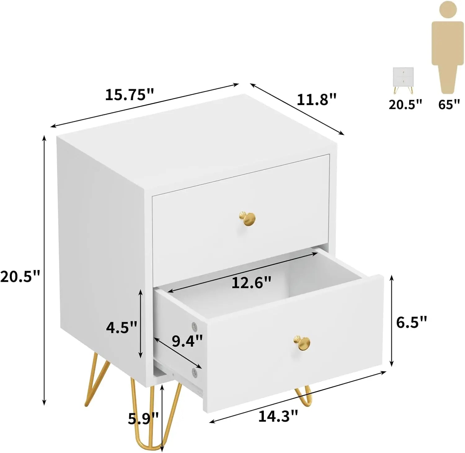 Nightstand Set of 2,, Bedside Table with 2 Drawers, Dual Night Stand Metal Legs and Knobs