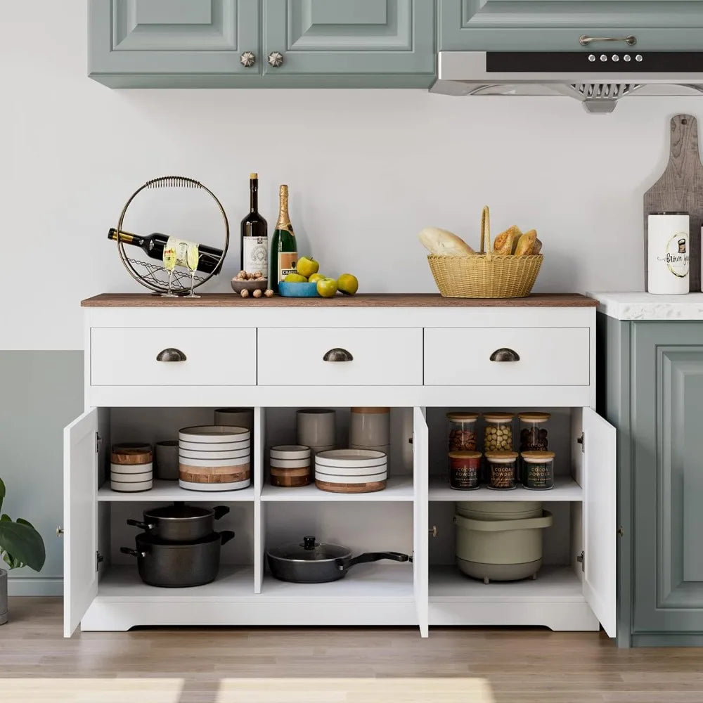 White Buffet Farmhouse Cabinet Storage Sideboard, Bar Wine Cabinet with 3 Drawers & 3 Doors Adjustable Shelves