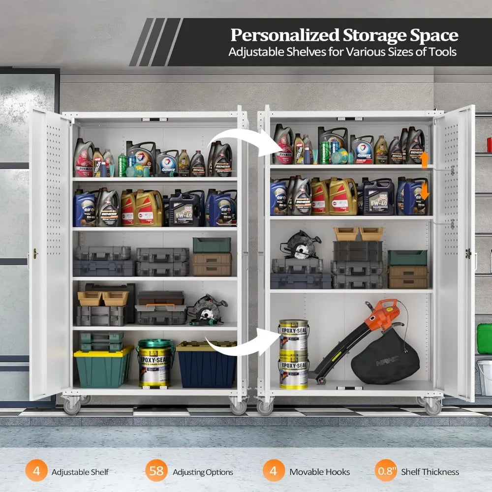 Upgraded Wide & Deep Garage Storage Cabinet, Metal Storage Cabinet with Pegboards, Wheels, Locking Doors and Adjustable Shelves