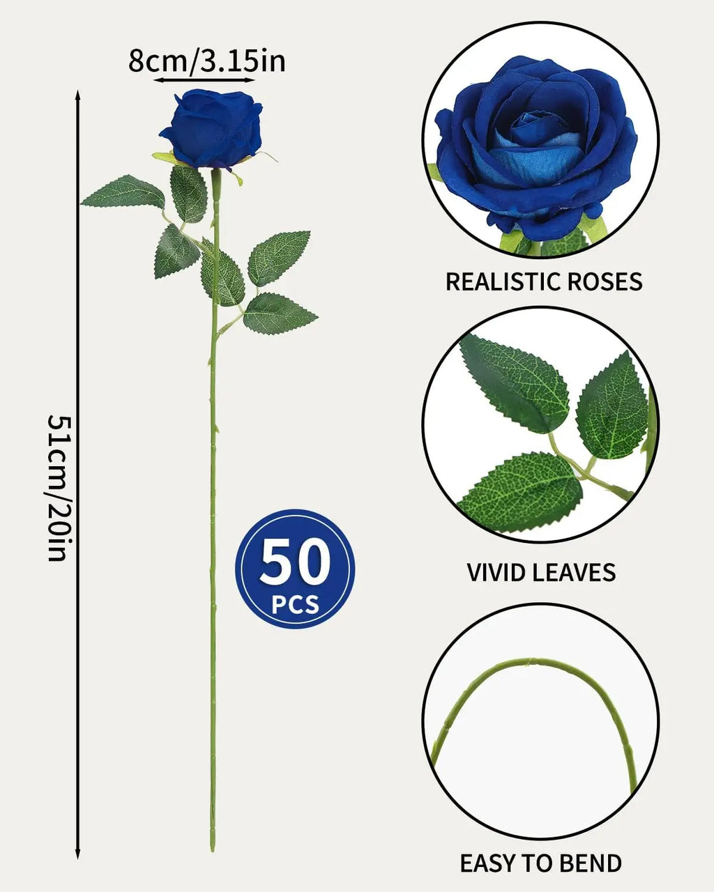 Artificial Royal Blue Roses - 50Pcs Premium Velvet Faux Roses with Long Stems, Realistic Roses Flowers for Wedding Bouquet