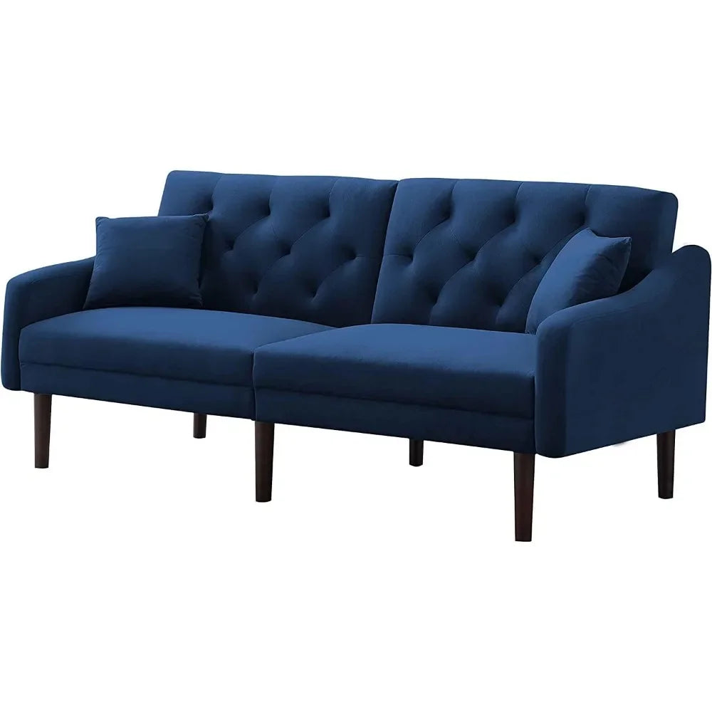 Convertible Futon Sofa Bed & Upholstered Velvet  Folding Sleeper Couch with 2 Pillows & Adjustable Backrest, Living Room Sofa