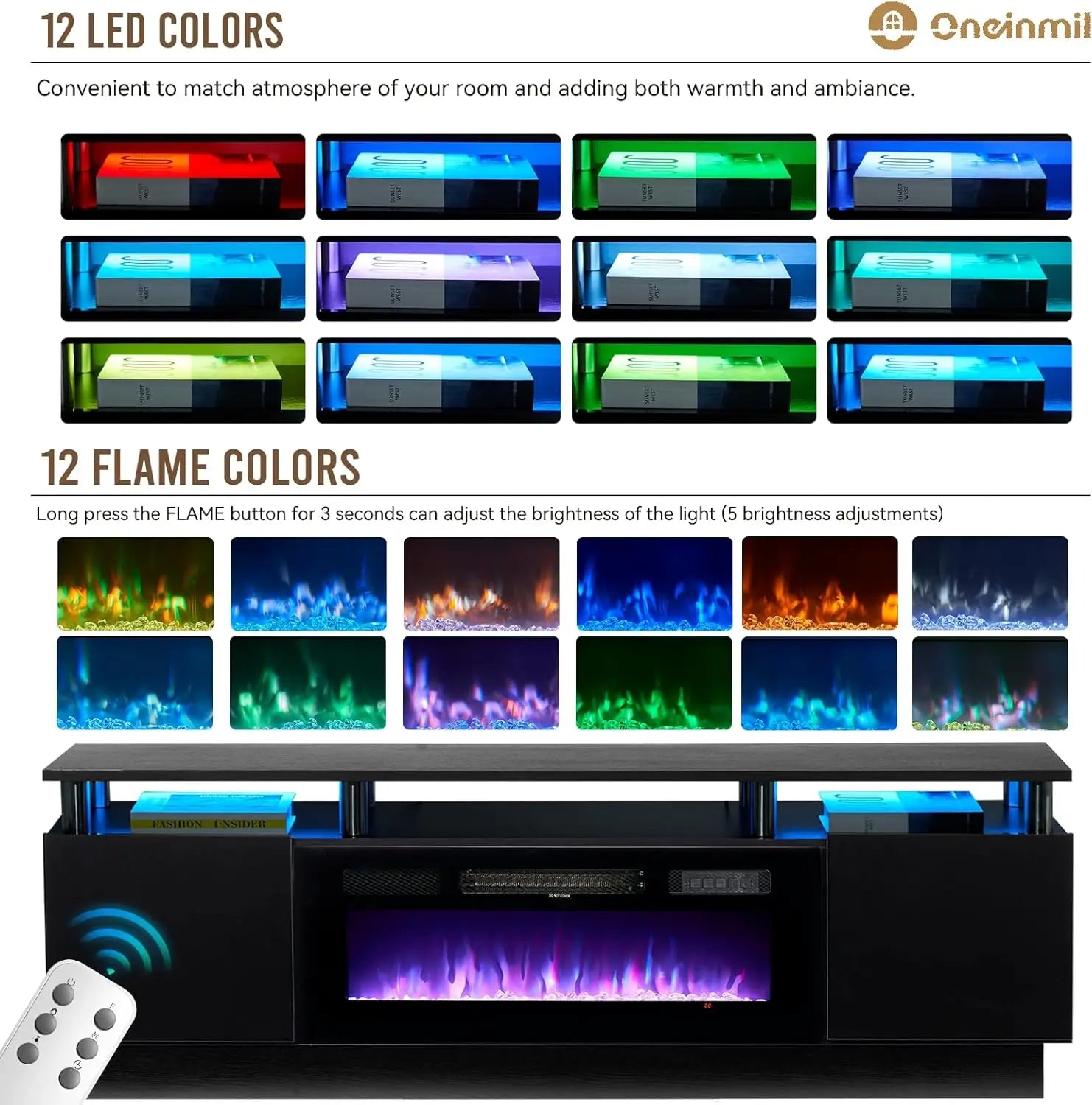 70" Modern Electric Fireplace TV Stand for TVs Up to 80 inch, with Electronic Flame and LED Lights, TV Console Cabinet , Black