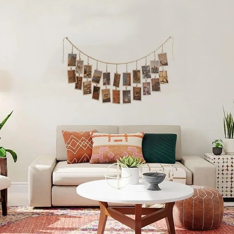 Hanging Photo Display Wooden Bead Garland Boho Wall Hanging for Bedroom Living Room Dorm Party Decor Teen Girl Gifts